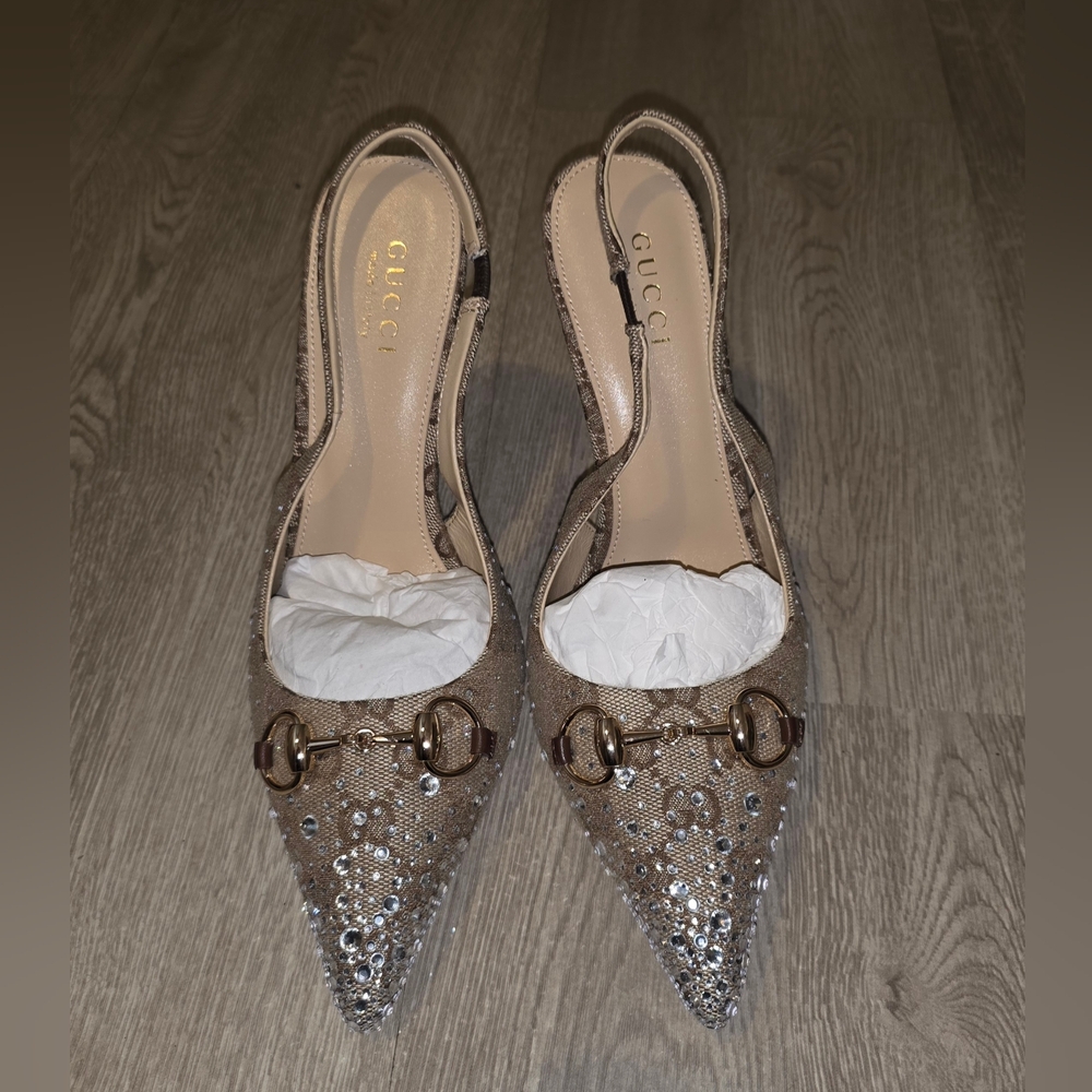 Gucci Women's Tan Crystal Slingback Shoes